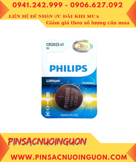 Philips CR2025, Pin 3v Lithium Philips CR2025 (20mmx2.5mm) với 150mAh chính hãng /Loại Vỉ 1viên