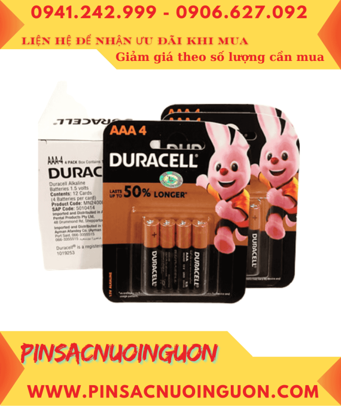 COMBO 01Hộp 12vỉ=48viên (Loại vỉ 4viên) Pin AAA 1.5v Duracell MN2400B4 LR03 _Giá chỉ 804.000/HỘP