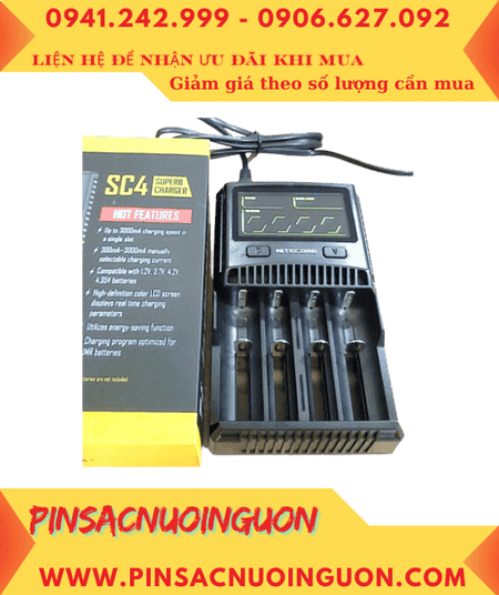 Máy sạc pin Máy ảnh NiMh-NiCd-Lithium Nitecore SC4 _04 Khe sạc_Có màn hình LCD _Đo dung lượng pin